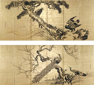 熊代熊斐《松鷲梅孔雀図屏風》左隻 (画像上)、右隻 (画像下)　※山形県指定有形文化財。後期展示 (1/4-27)