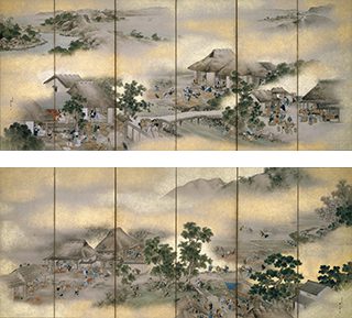 横山華山《紅花屏風》左隻 (画像上、1825[文政8])、右隻 (画像下、1823[文政6])　※山形県指定有形文化財。前期展示 (12/6-27)