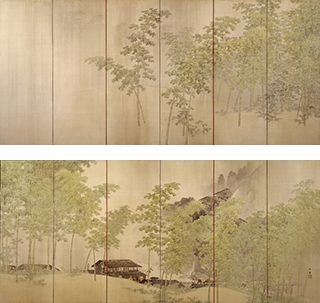 川合玉堂《細雨》左隻 (画像上)、右隻 (画像下)  1911[明治44])　※山形県指定有形文化財。前期展示 (12/6-27)