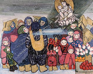 近岡善次郎《雪国の市日》1985年 キャンヴァス・油彩 山形美術館蔵